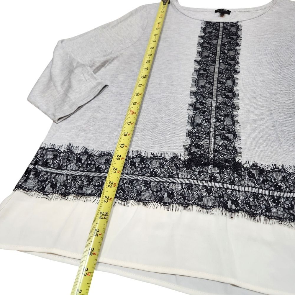 Talbots Top Cotton Shirt Lace Silk Ruffle Trim 3/4 Sleeve Gray Black Cream XL - Picture 4 of 9